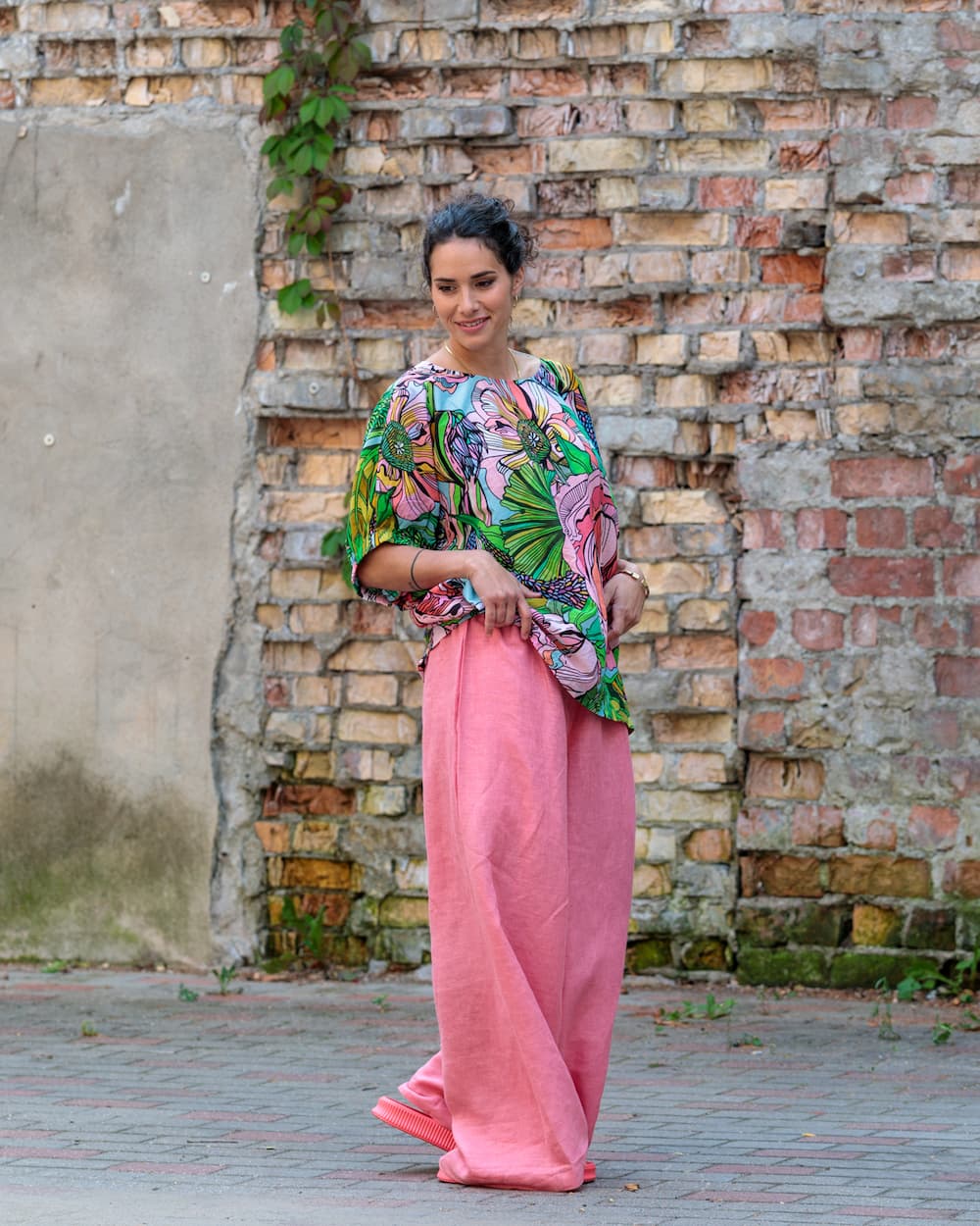 Top in Cotton "Pink Green Flower"