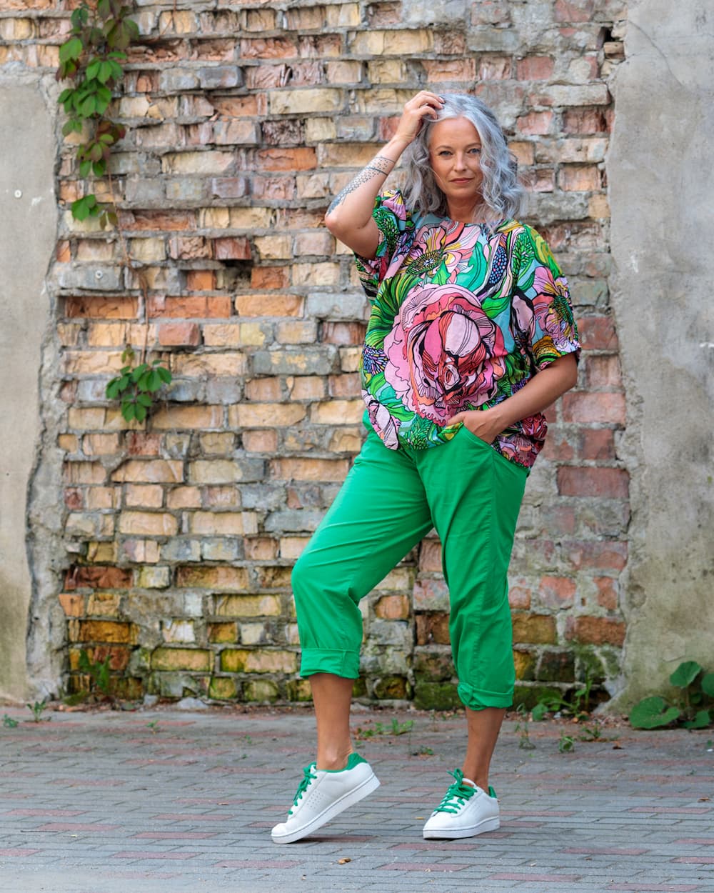 Top in Cotton "Pink Green Flower"