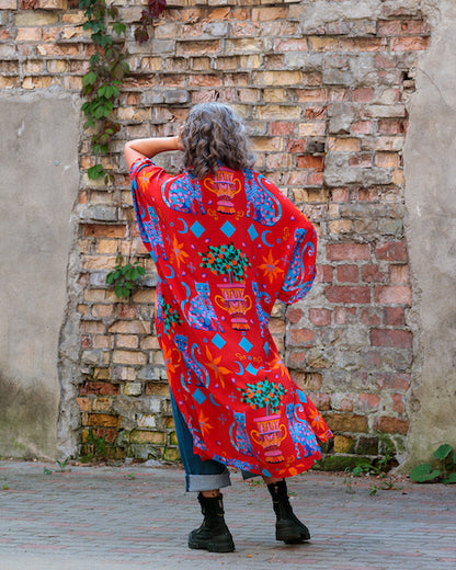 Kimono in Silk "Red Cats"
