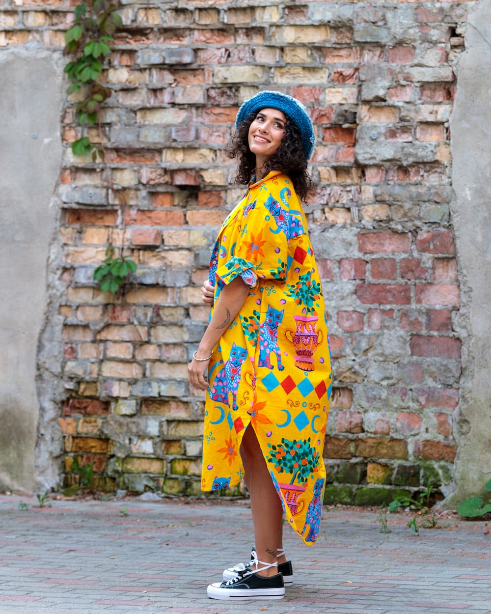 Shirtdress in Cotton "Yellow Cats"