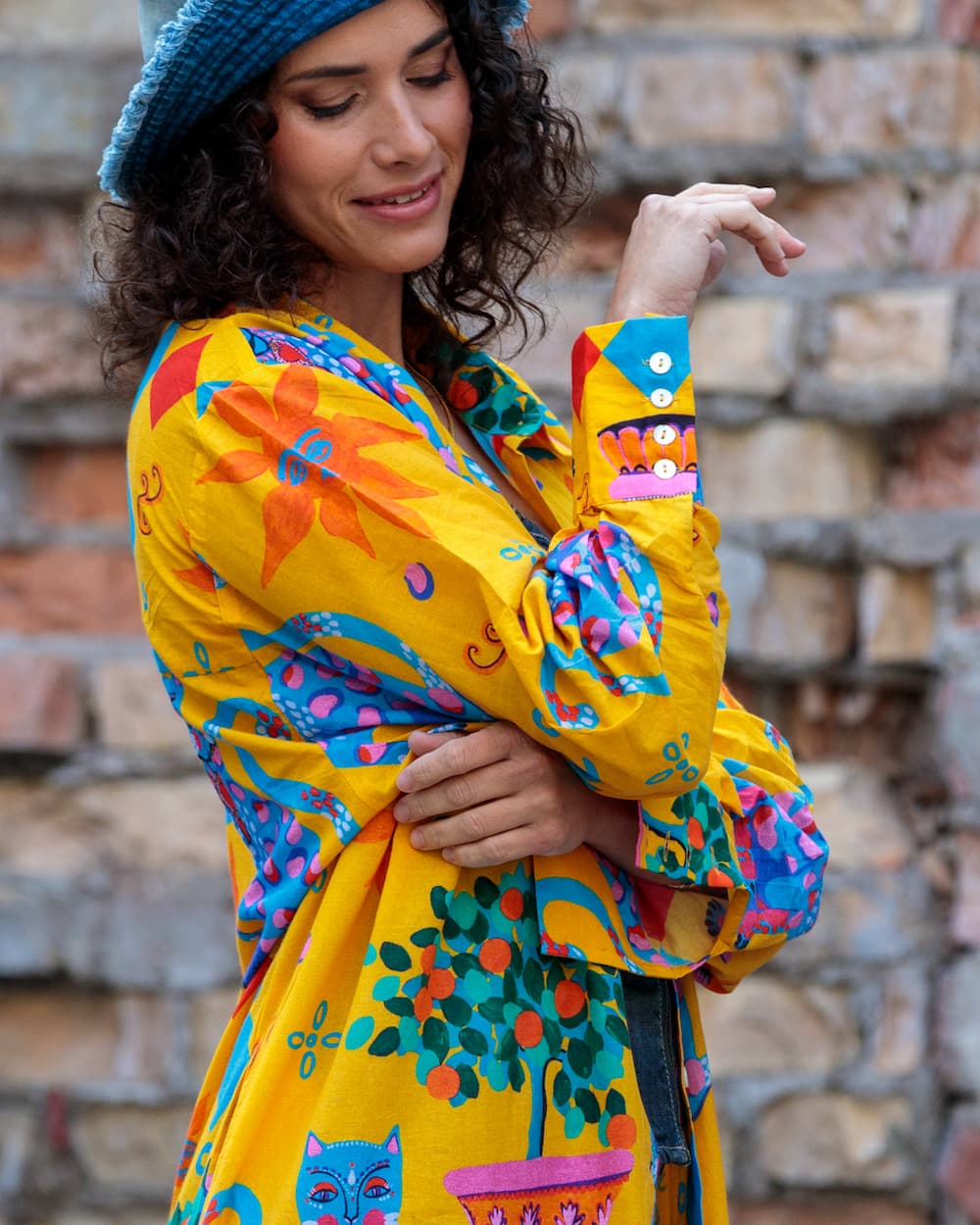 Shirtdress in Cotton "Yellow Cats"