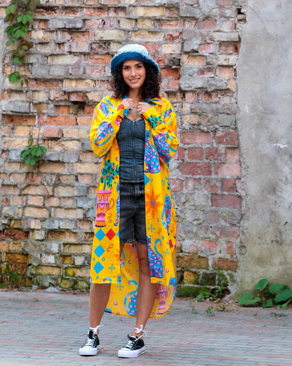 Shirtdress in Cotton "Yellow Cats"