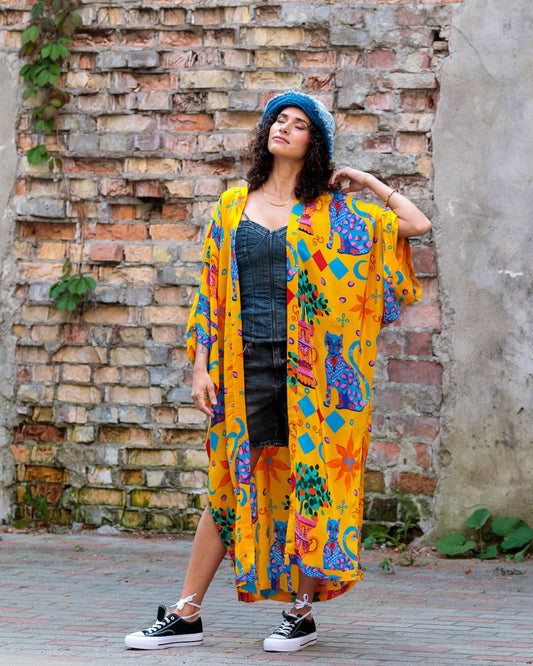 Kimono in Silk "Mandarino Cats" with belt