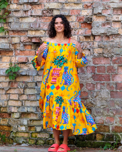 Midi Dress in Cotton "Yellow Cats"