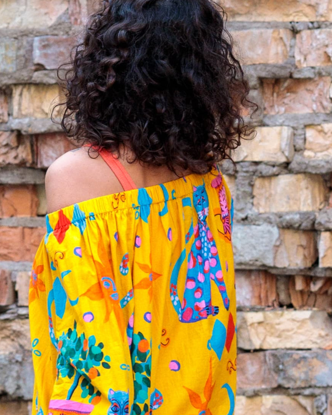 Midi Dress in Cotton "Yellow Cats"