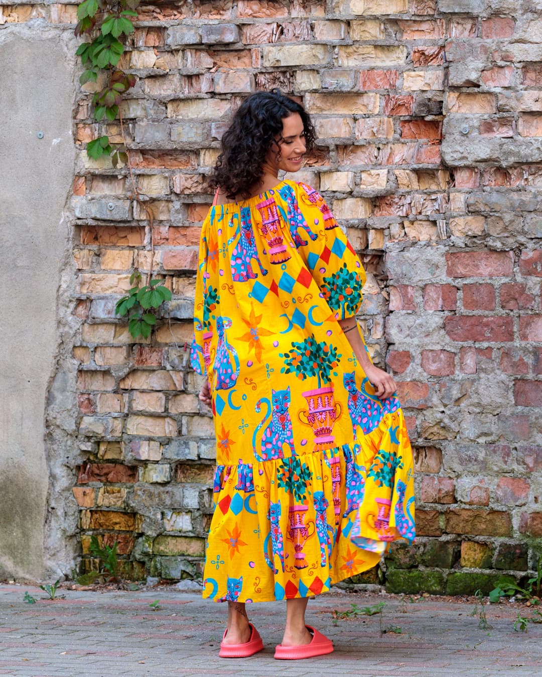 Midi Dress in Cotton "Yellow Cats"