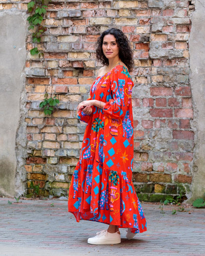 Midi Dress in Cotton "Red Cats"