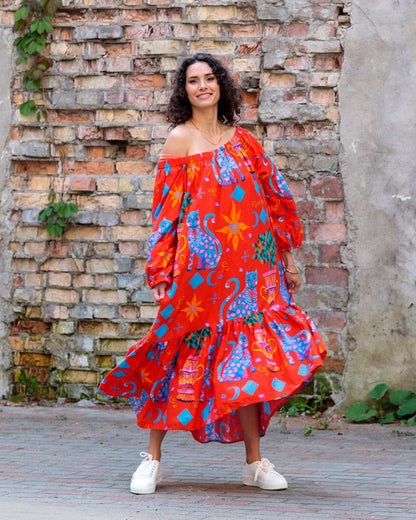 Midi Dress in Cotton "Red Cats"