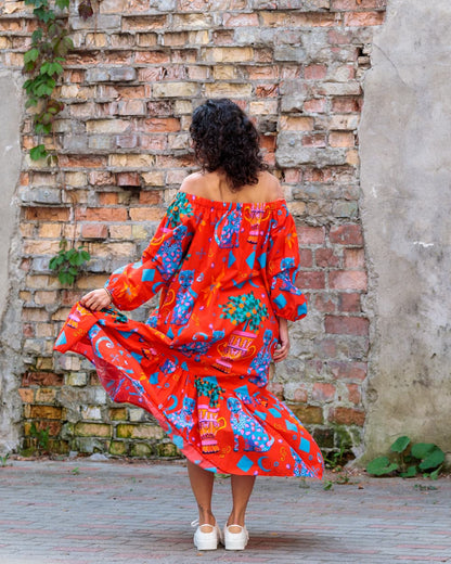 Midi Dress in Cotton "Red Cats"