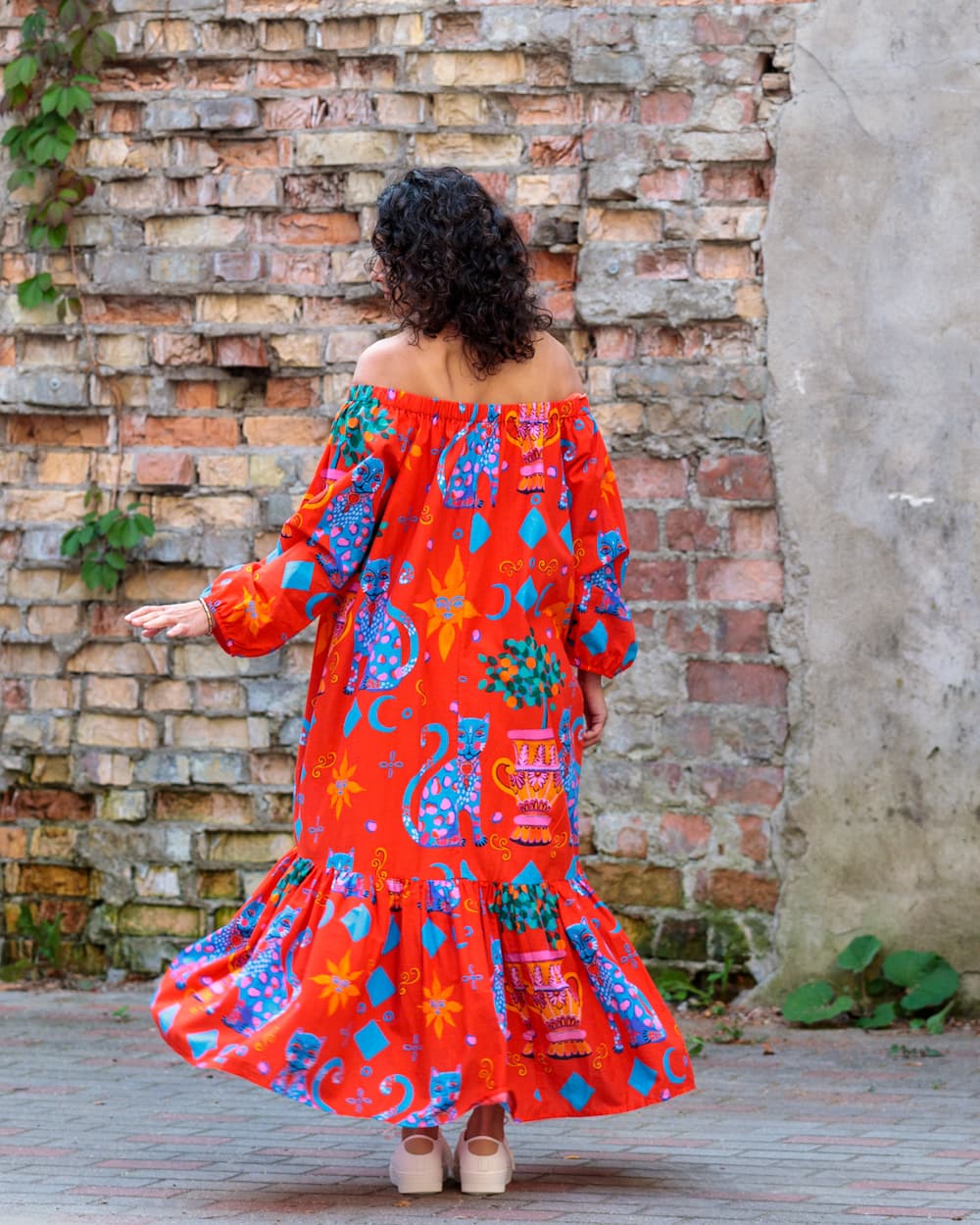 Midi Dress in Cotton "Red Cats"