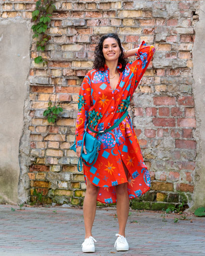 Shirtdress in Cotton "Red Cats"