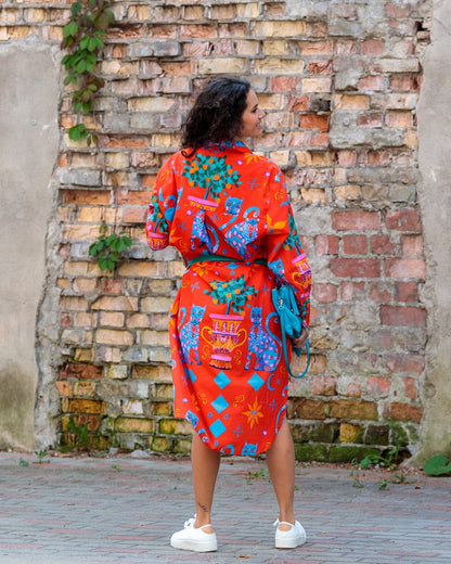 Shirtdress in Cotton "Red Cats"