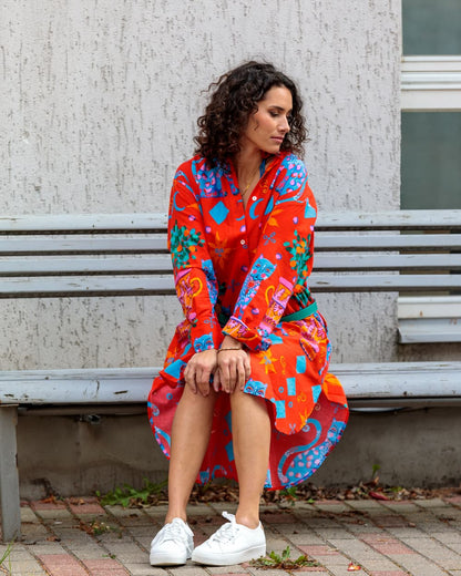 Shirtdress in Cotton "Red Cats"