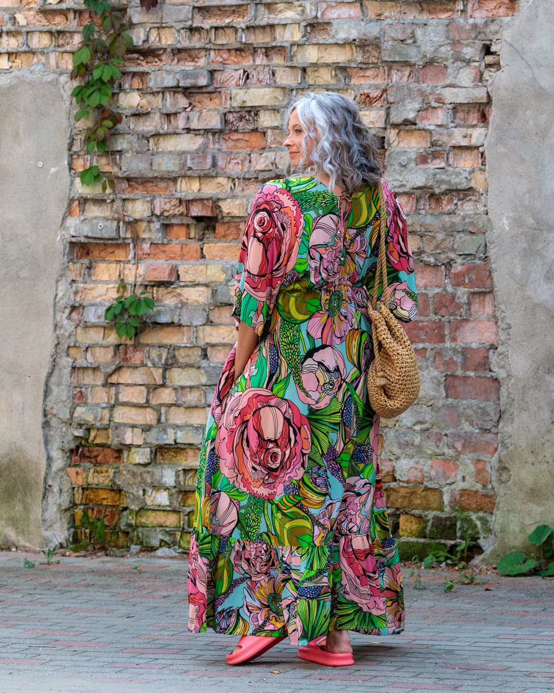 Long Dress in Cotton "Pink Green Flower"