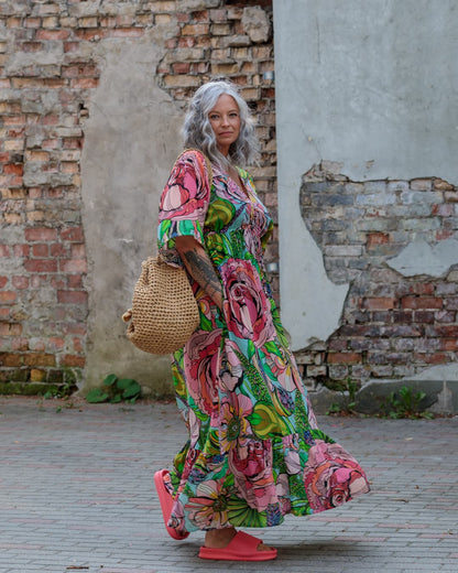 Long Dress in Cotton "Pink Green Flower"