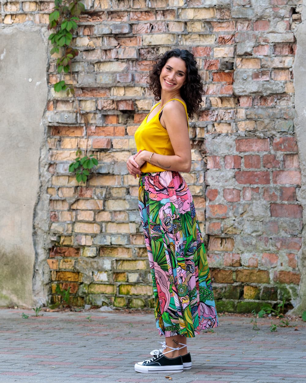 Skirt in Cotton "Pink Green Flower"