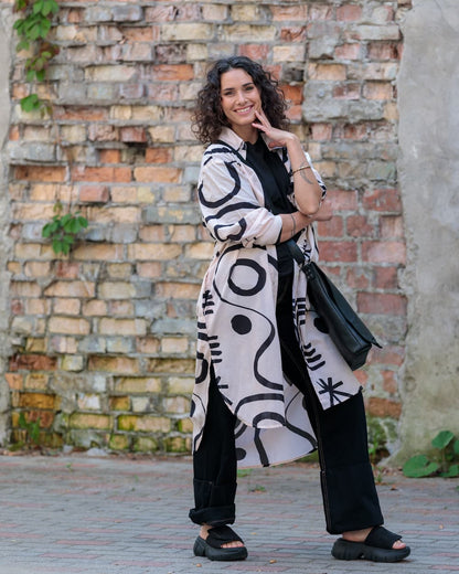 Shirtdress in Cotton "White with Abstract Stripes"