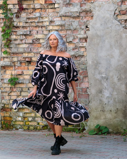 Midi Dress in Cotton "Black with Abstract Stripes"