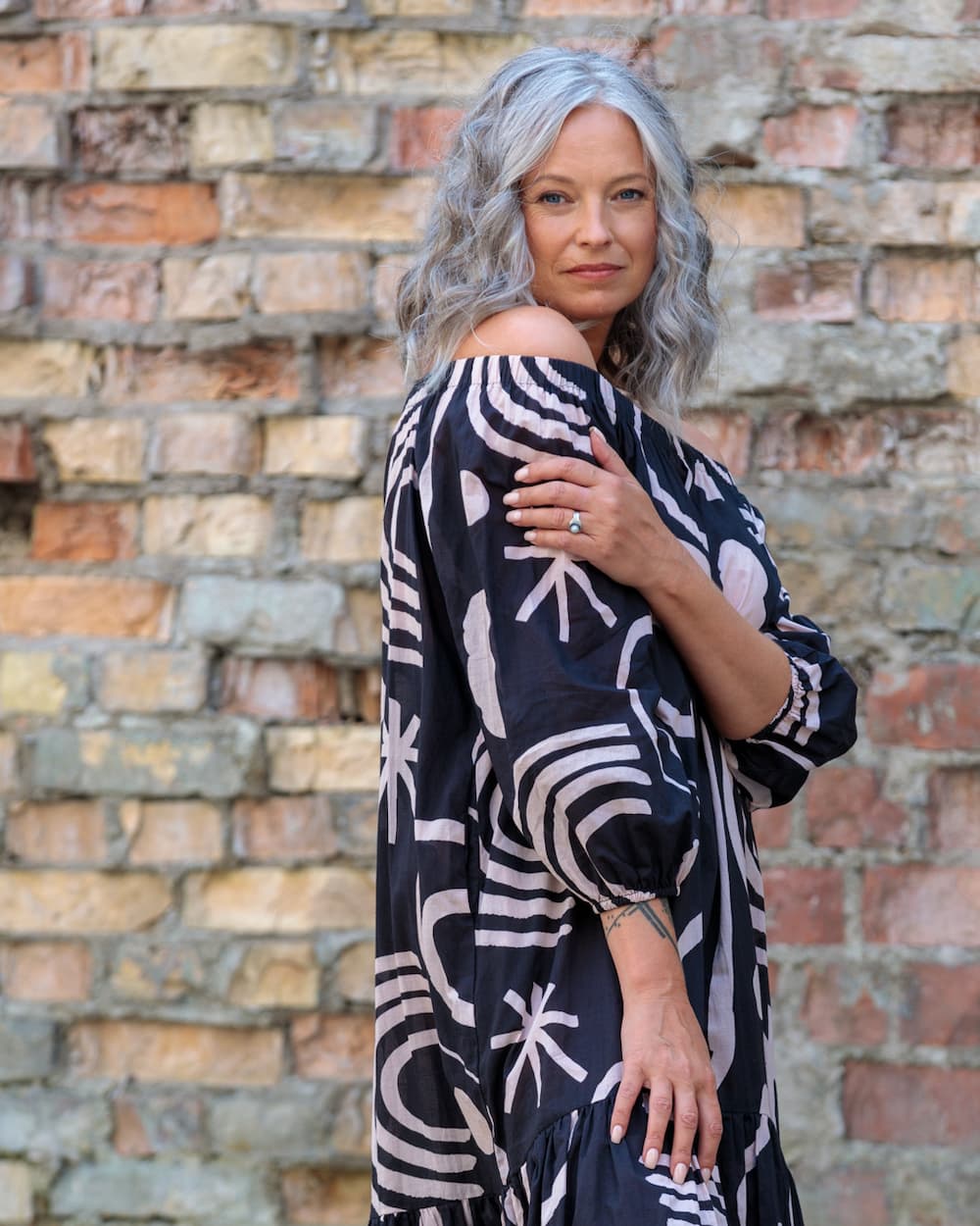 Midi Dress in Cotton "Black with Abstract Stripes"