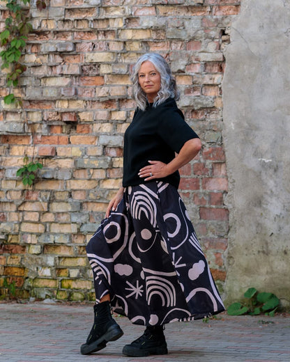 Skirt in Cotton "Black with Abstract Stripes"