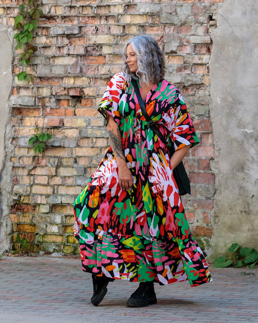 Long Dress in Cotton "Bright on Black"