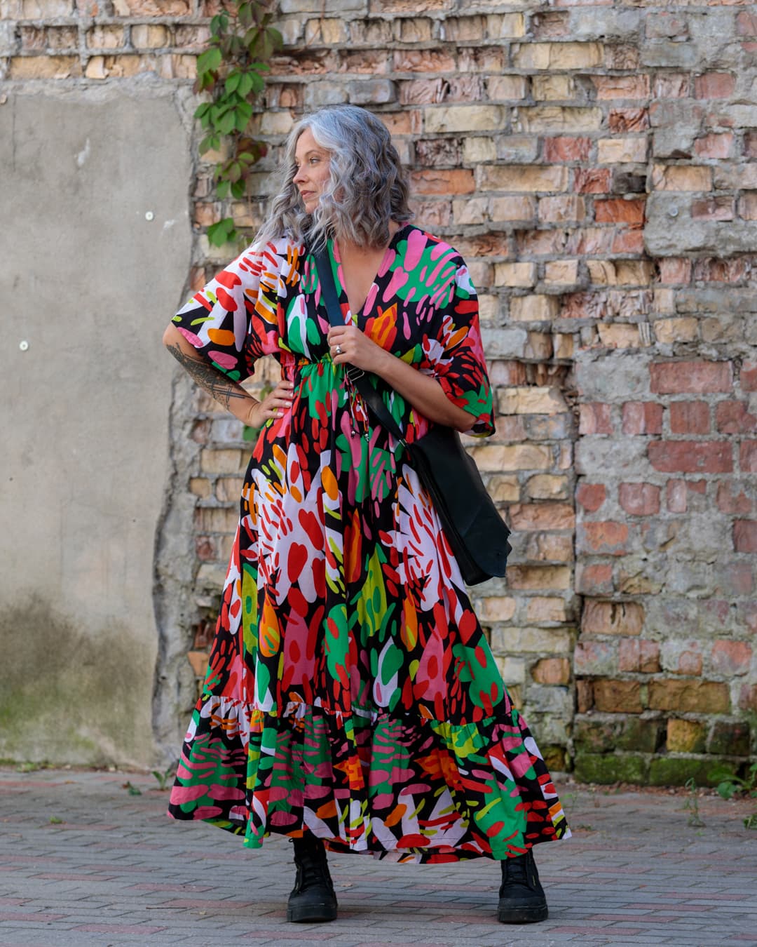 Long Dress in Cotton "Bright on Black"