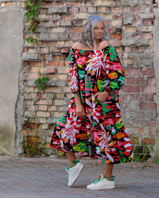 Midi Dress in Cotton "Bright on Black"