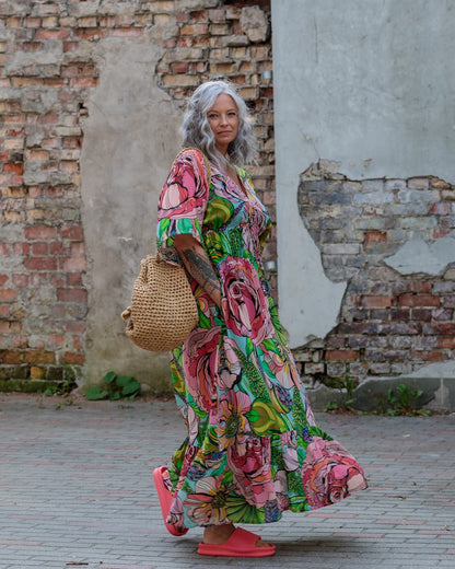 Long Dress in Silk "Pink Green Flower"