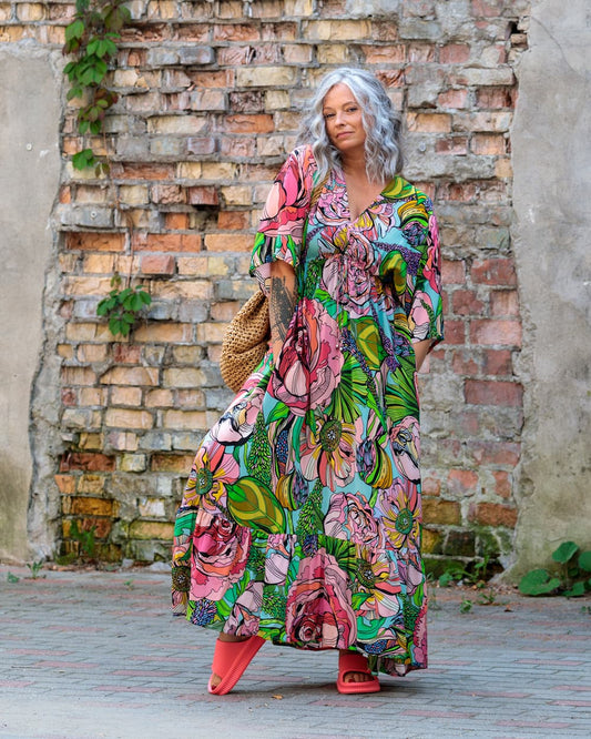 Long Dress in Silk "Pink Green Flower"